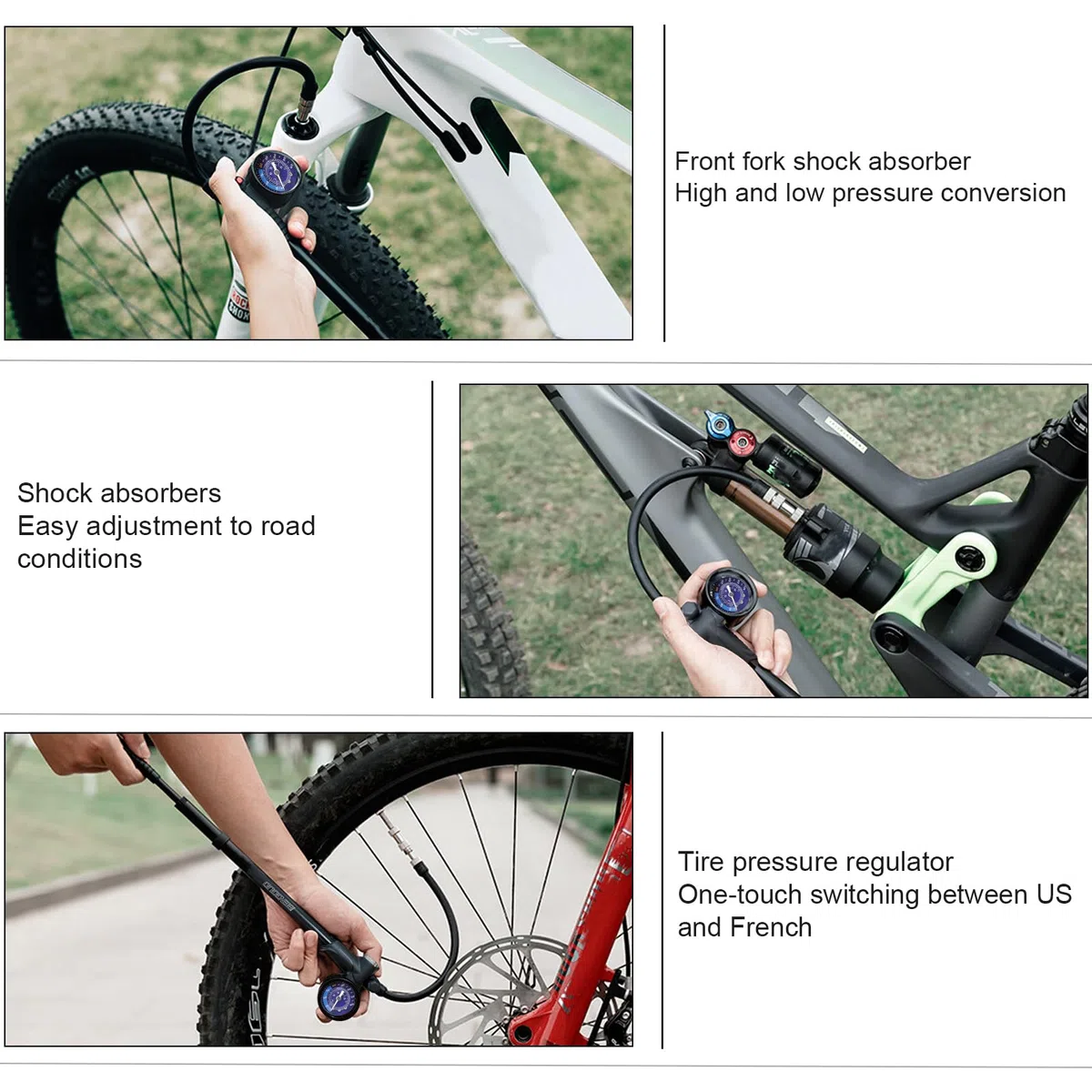 Pompe de choc pour vélo haute pression (max 400 psi) 3 en 1 – Pompe à fourche à suspension, pompe à choc arrière et gonfleur de pneu, pompe à vélo avec manomètre, mini pompe portable avec valve de