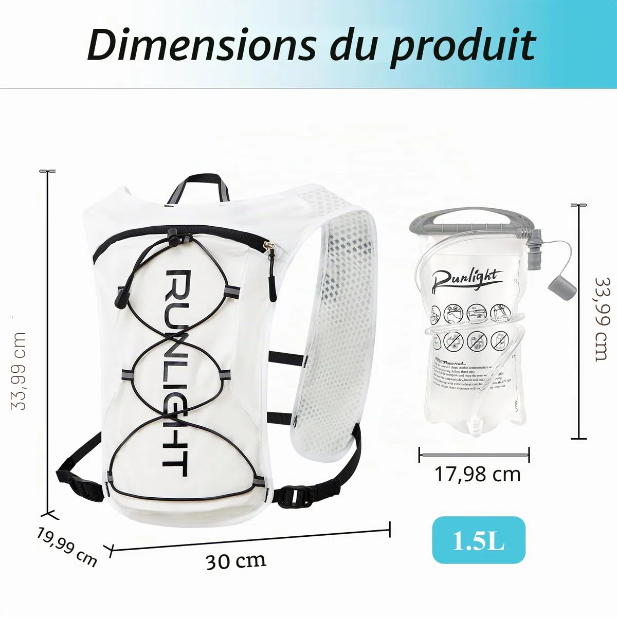 G220 Gilet de course pour homme et femme, sac à dos d'hydratation réglable, respirant et réfléchissant avec poche d'eau de 1,5 l pour randonnée, sentier, course à pied, marathon, cyclisme