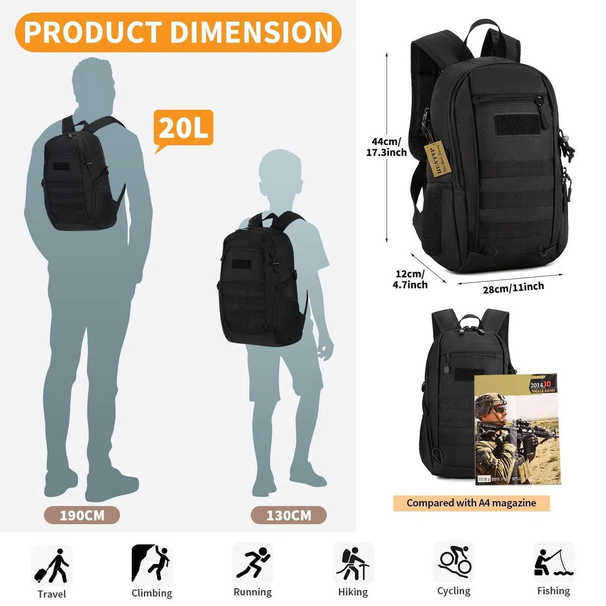 HUNTVP Sac à Dos Petit Cartable Tactique Militaire Molle Sac à Dos de Cours Sac de Multifonction pour Chasse Randonnée Camping Voyage Cyclisme Trekking Scalade 12L/15L/20L/30L