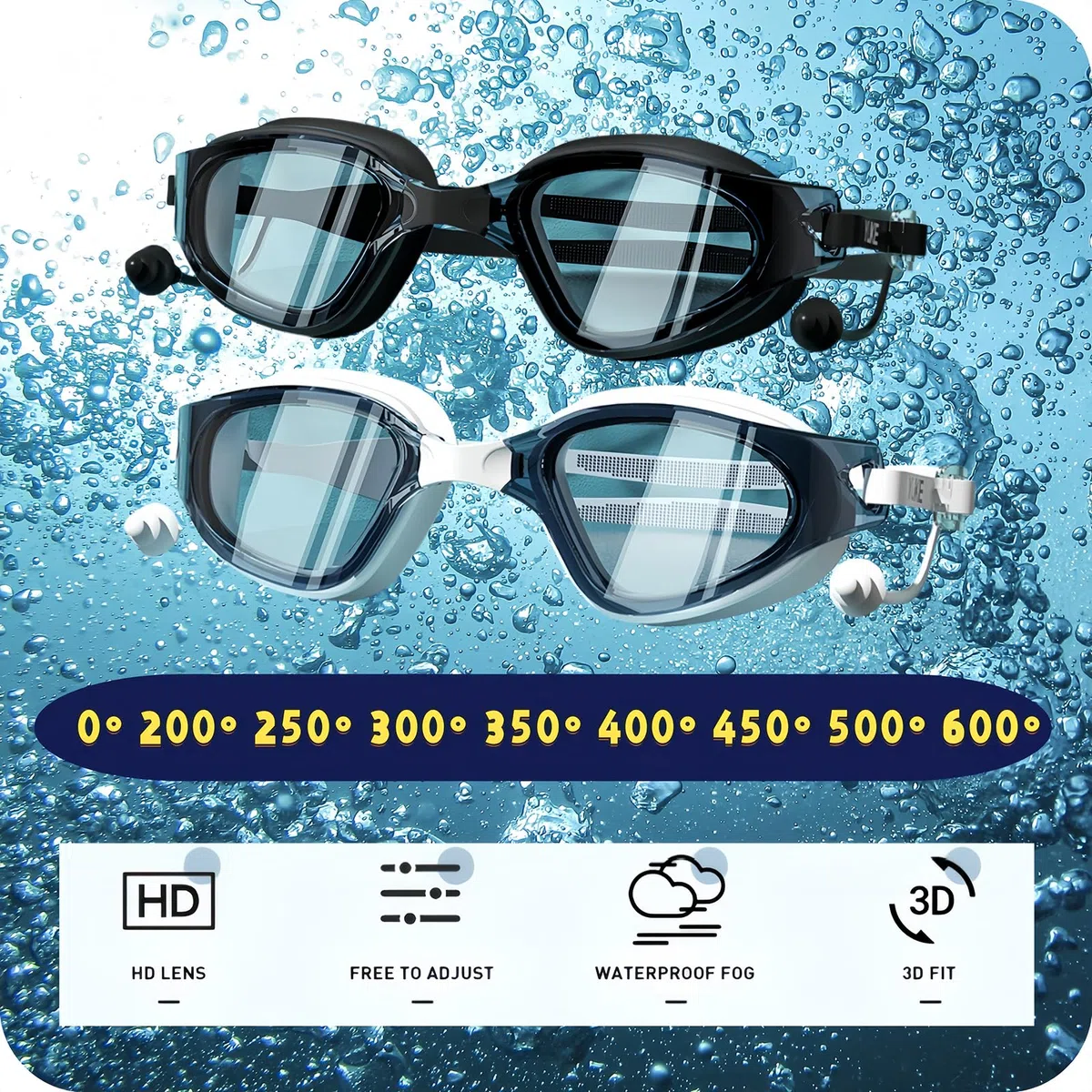 Lunettes de natation optiques avec correction visuelle | Dioptrie : de -0 à -6,0 | Anti-buée | Protection UV | Ajustement parfait | Avec boîte solide