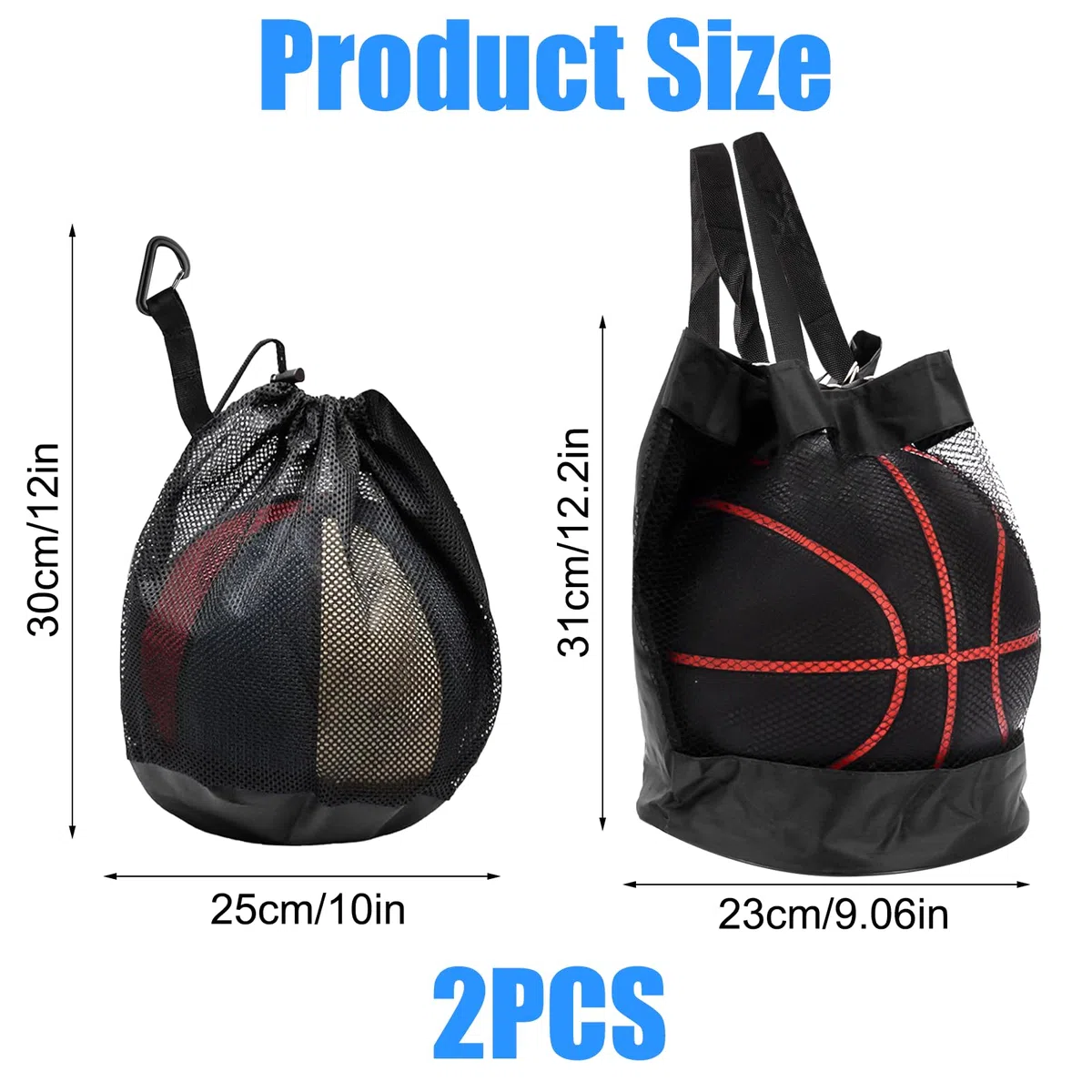 2 Pièces Sac à Dos De Basket-Ball, Sac en Filet, Sac Ballon De Basket - Filet Pliable Zippée et Mousqueton, Bandoulière Réglable Filet Ballon avec Cordon pour La Natation, Le Fitness et Les Voyages