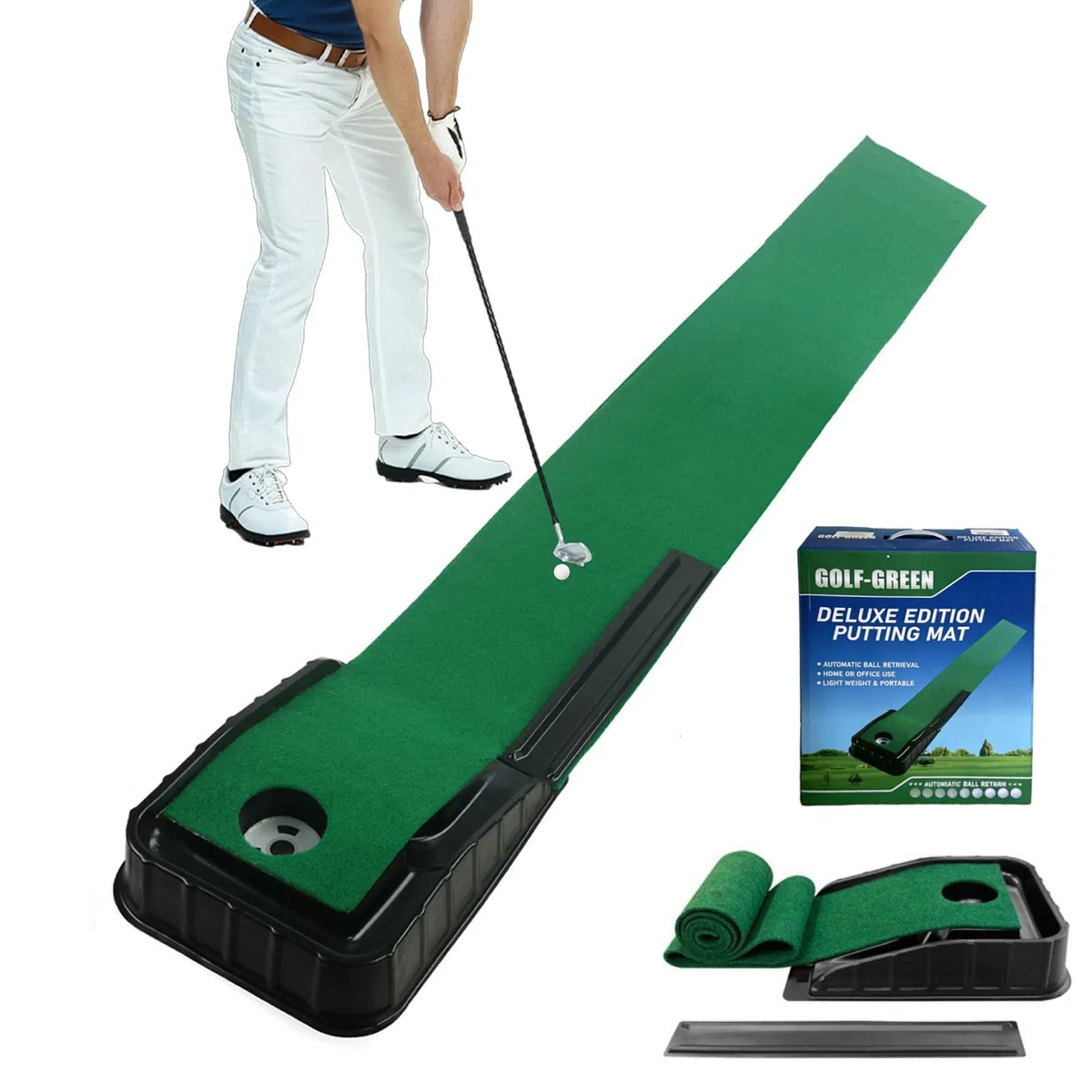 Tapis de golf avec retour automatique de balle, tapis d'entraînement vert de 220 cm avec surface en velours lisse – Aide à l'entraînement portable pour la maison et le bureau, tapis d'entraînement