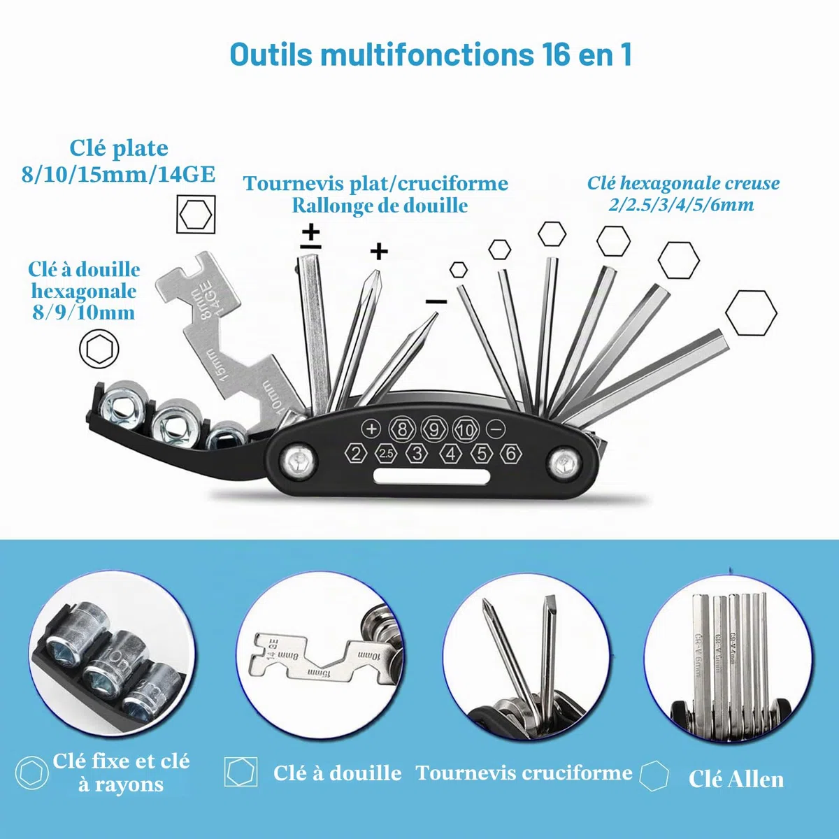 Kitbest Kit d'Outils de Réparation de Vélo - 16 en 1 Outil Multifonction, Accessoires pour Vélo de Route et de Montagne, Kit de Réparation de Pneu pour Homme et Femme