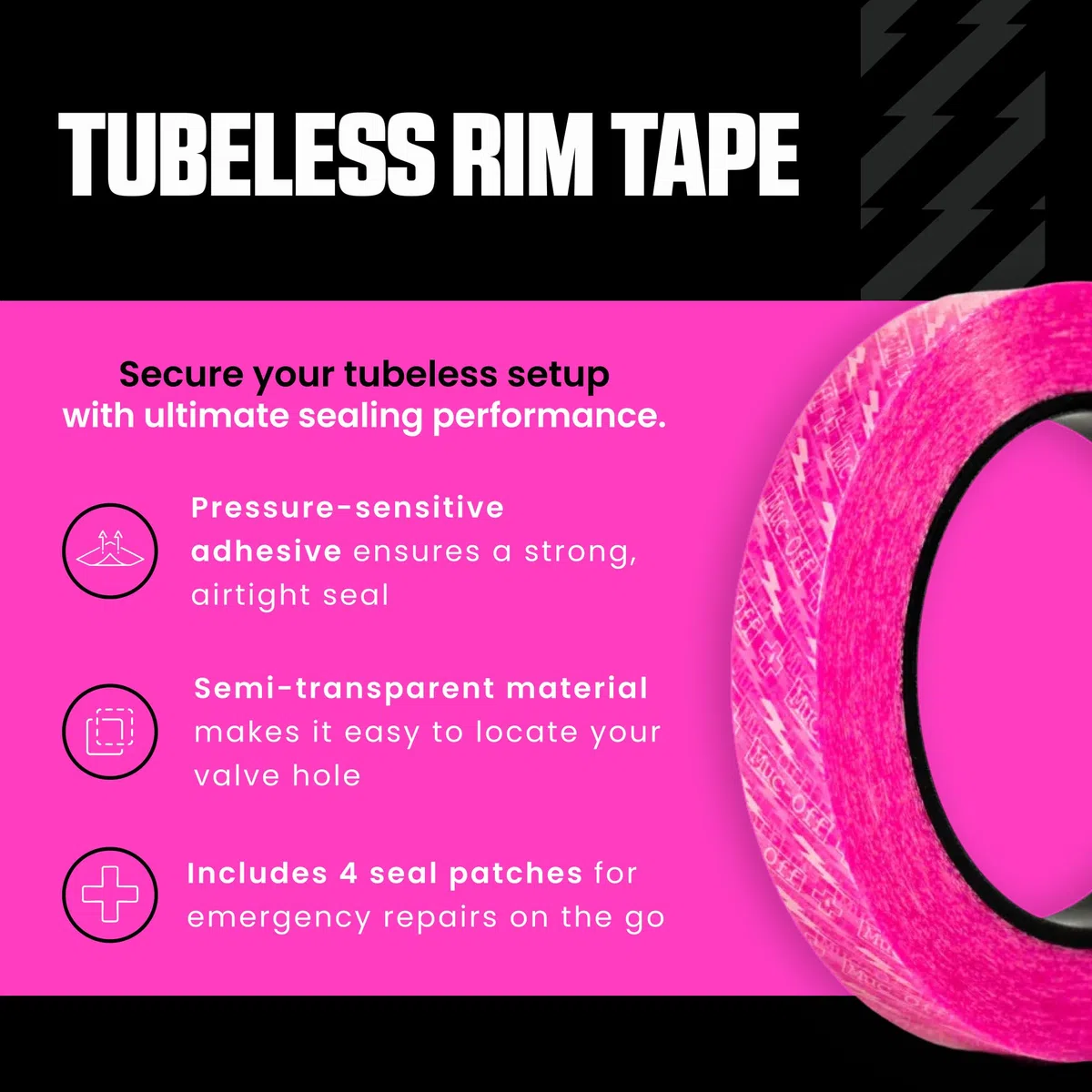 Muc-Off Fond de Jante Vélo Tubeless - 28 mm - Fond de Jante Adhésif Sensible à la Pression - Pour Installation de Pneus de Vélo Tubeless - Rouleau de 10 Mètres - 4 Patchs d'Étanchéité Inclus