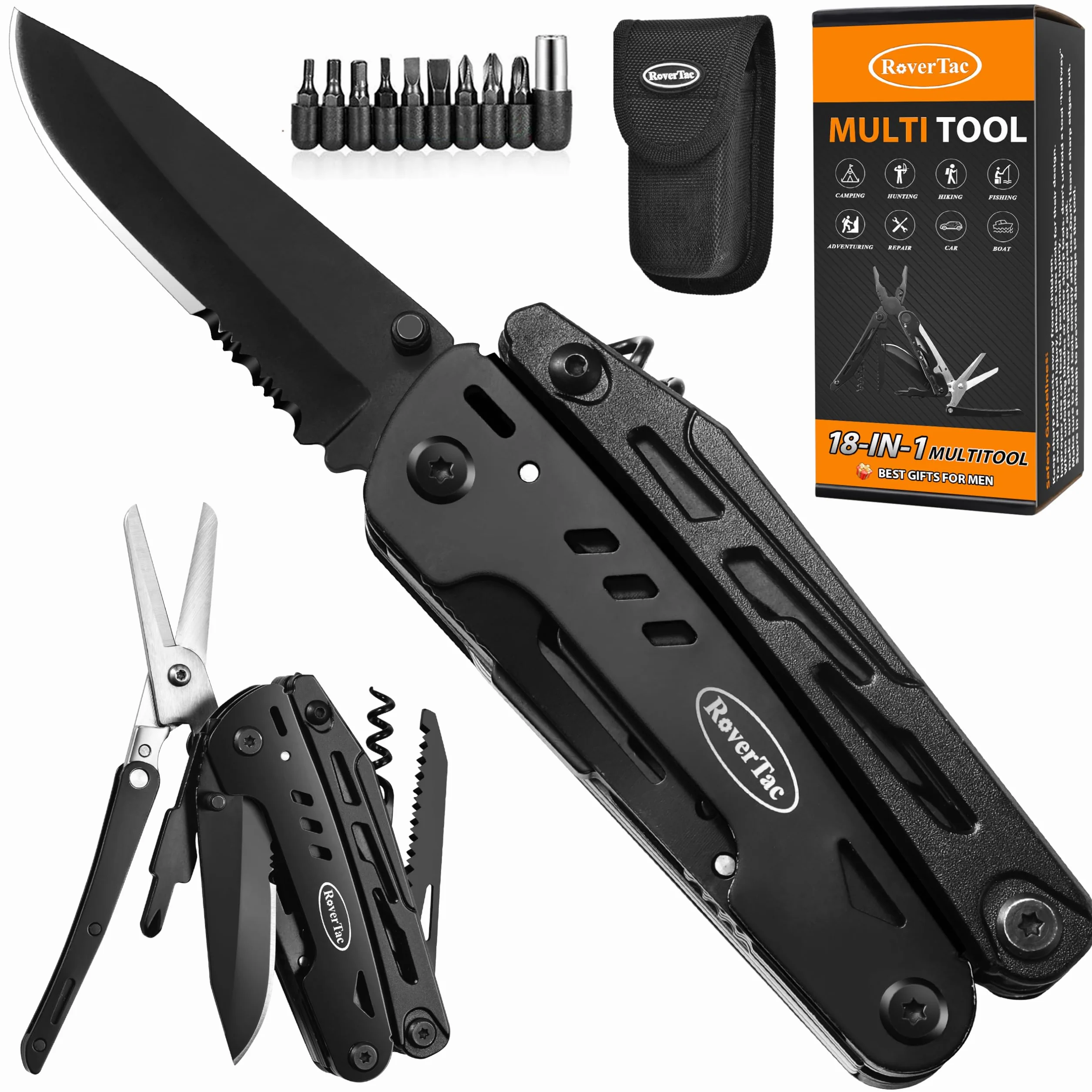 Couteau de Survie Pince Multifonctions - Cadeau Homme 18 en 1 Outil Multifonction Couteau Pliant Gadget Insolite Utile pour Extérieur, Camping, Randonnée, Réparation Simple, Idée Cadeau Homme Papa