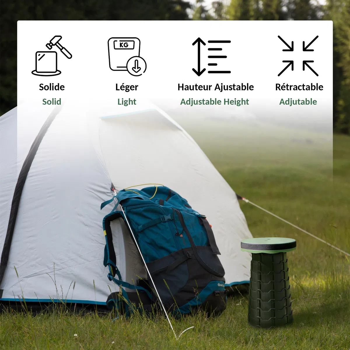 Fishtec - Tabouret Pliable Télescopique - Hauteur Réglable 6-44,5 Cm ABS Résistant 130 Kg Portable 1,28 Kg Ø25,5 Cm Bandoulière Compact Noir Vert - Camping Pêche Randonnée Pique Nique