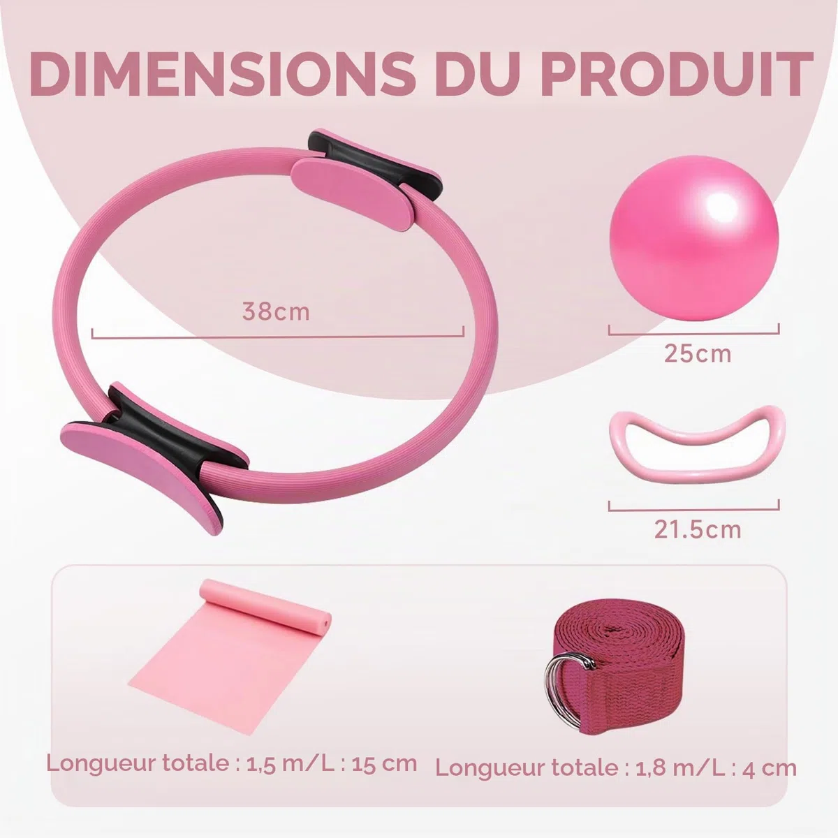 Cercle Pilates 38 cm, Kit Pilates Maison, Accessoires Anneau Yoga, Bande 1.5m, Ballon 25cm Bande d'Etirement, pour Force, Flexibilité, Stabilité, Débutants à Experts