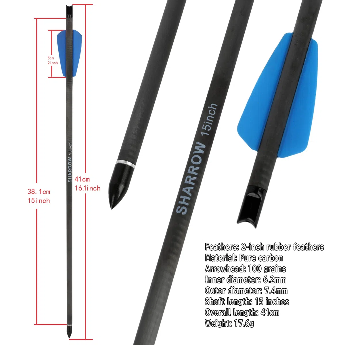 12pc Pur Carbone Arbalète Bolt Pistolet Arbalète Flèche, 7.5"& 15" Pur Carbone Flèche, 2 Flèche Ailes Chasse Arbalète Flèche