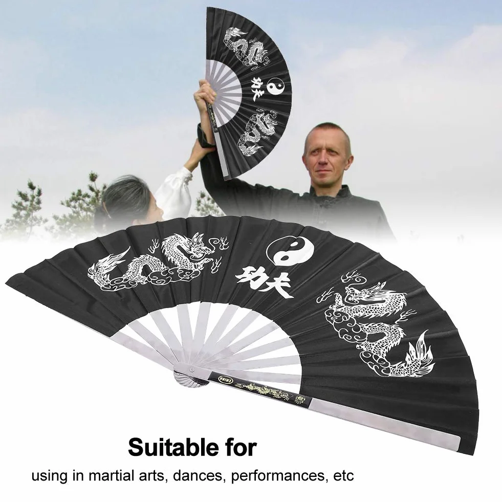 Éventail de Tai Chi, Éventail de Kung Fu Chinois, Éventail de Performance de Pratique de Danse, Kung Fu en Acier Inoxydable, Éventail Pliant de Poche en Nylon(Noir)
