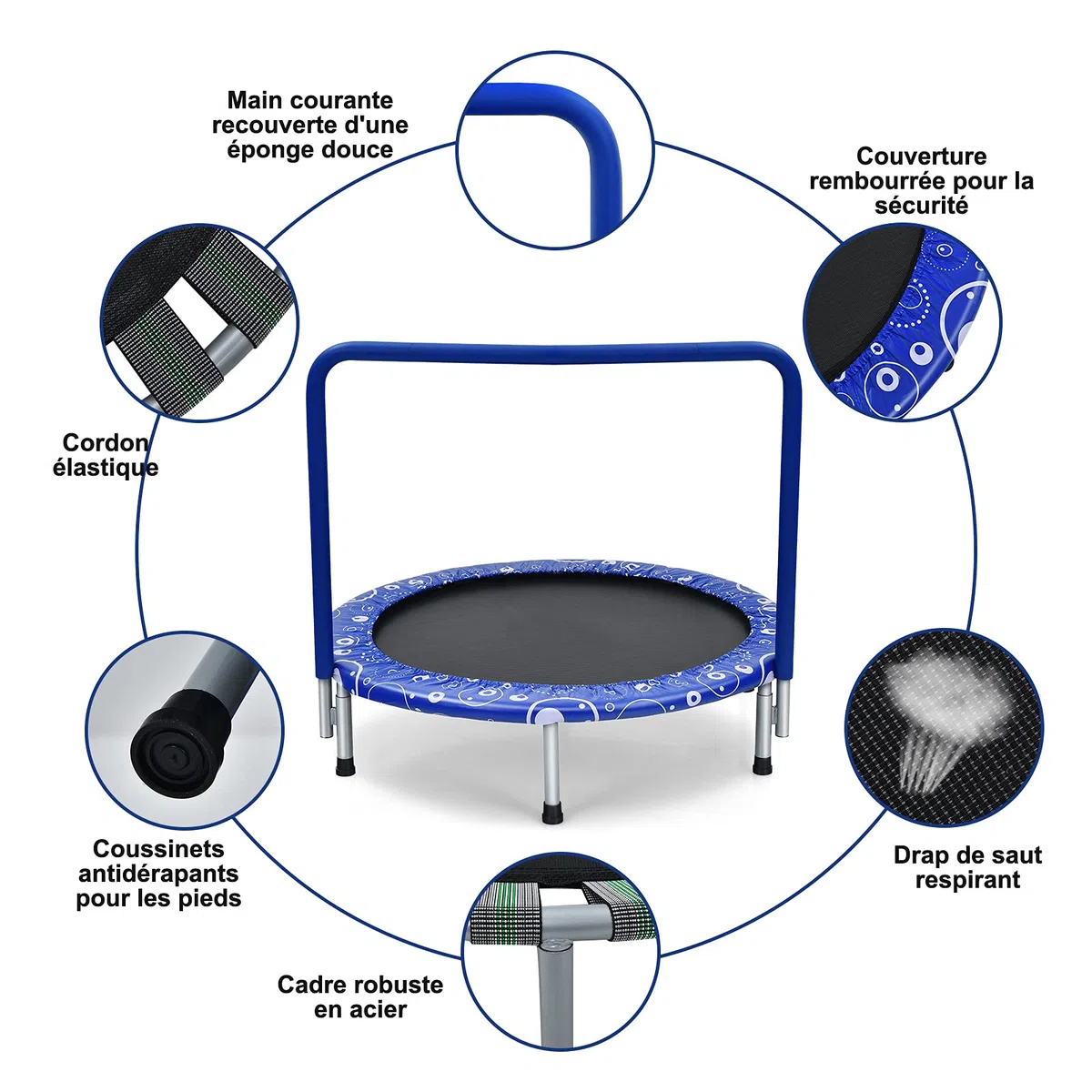 COSTWAY Trampoline de Fitnesse Enfants Pliable 92 cm, avec Housse de Sécurité Matelassée et Poignée Recouverte pour Intérieur Charge maximale 150 KG, Bleu