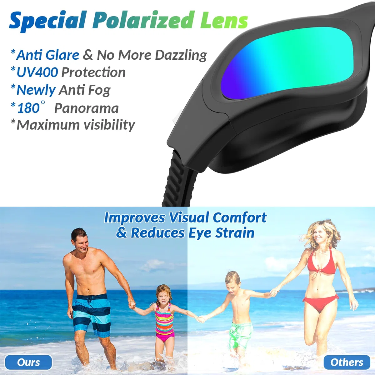 Lunettes de natation polarisées/non polarisées antibuée protection UV anti fuite silicone souple vision claire faciles à ajuster pour hommes femmes adultes et adolescents