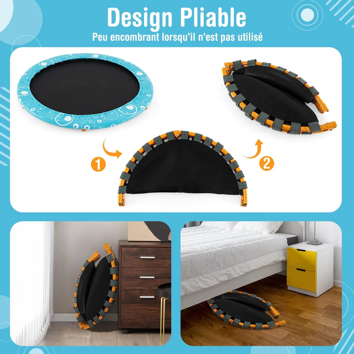 COSTWAY Mini Trampoline Enfants Pliable 92 cm avec Housse de Sécurité Matelassée et Poignée Recouverte pour Intérieur Charge maximale 150 KG