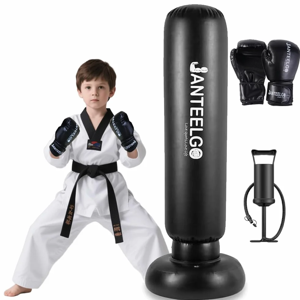 Punching Ball Enfants avec Gants de Boxe: JanTeelGO 150cm Sac de Boxe Enfant Gonflable pour la Karaté - Sac de Frappe Enfant Cadeaux pour GarçOns et Filles 3-12 Ans