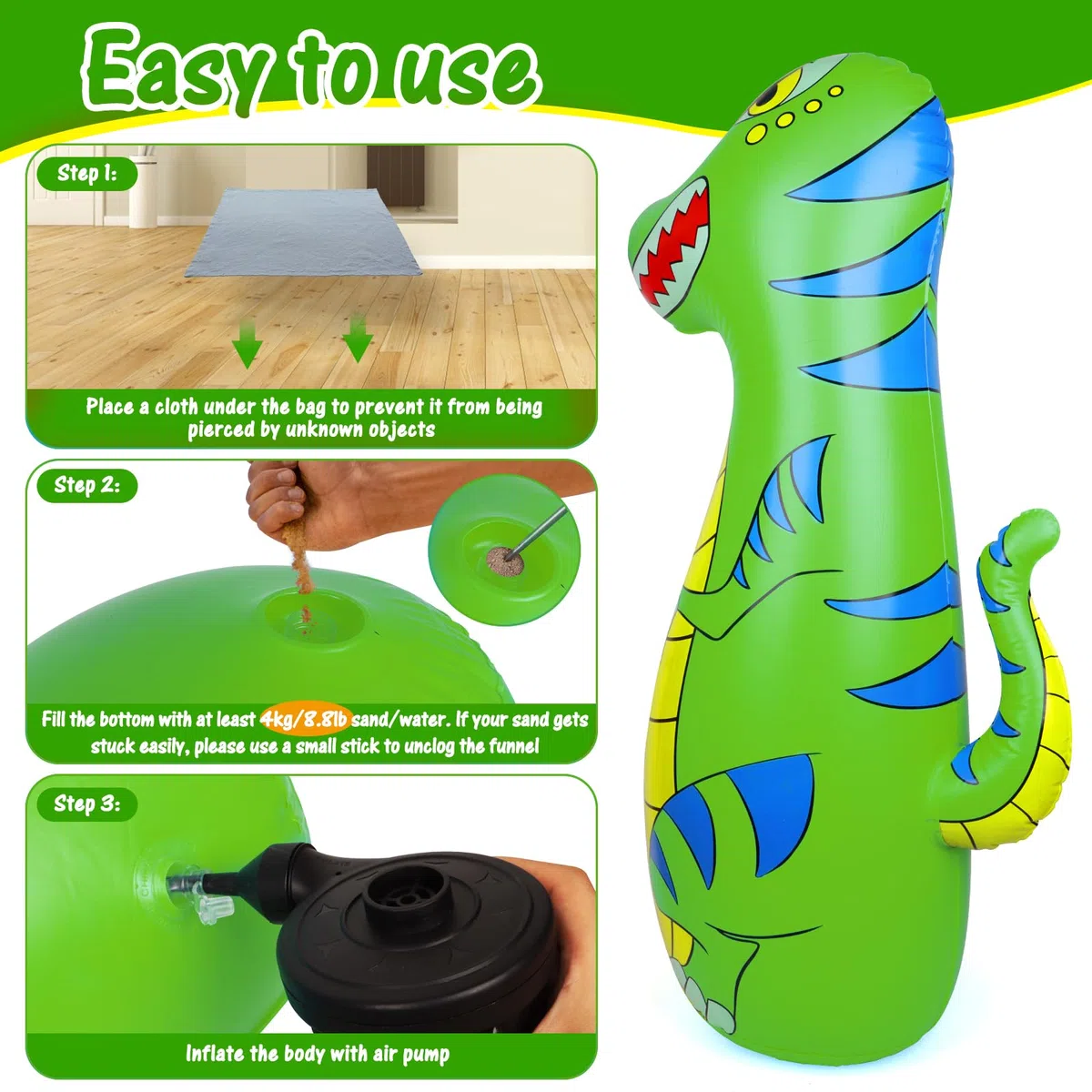 Sac de Frappe Enfant 120cm Gonflable Dinosaure Sac de Boxe avec Matériau Plus Épais et Sûr Rebond Instantané avec Gants de Boxe Karaté Taekwondo Cadeau pour Enfants 3-9 Ans Filles Garçons