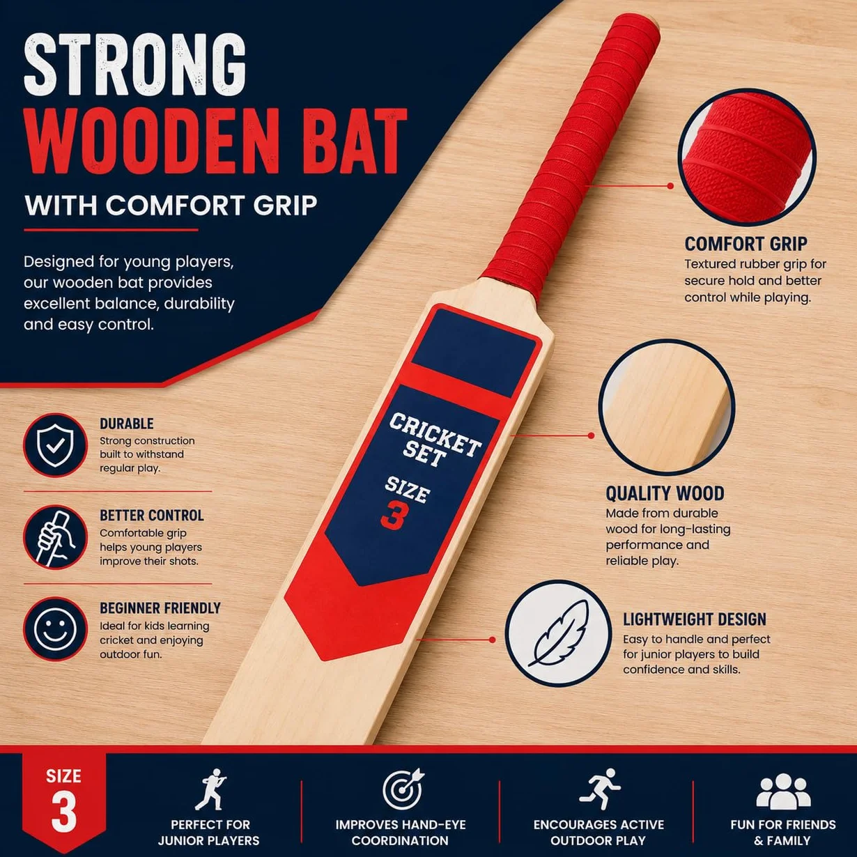 A2Z Lot de 4 battes de cricket en bois pour enfants - Taille 3 - Bâtons en bois et balle souple - Pour sports de plein air - Avec sac de transport en filet