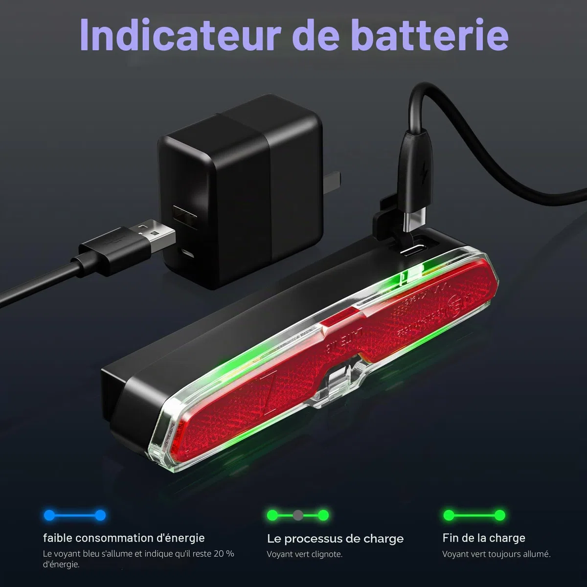 LINGHUANG Feu Arrière de Vélo à LED USB Rechargeable, Étanche IPX5 Feu Arrière de Vélo Brake-Sensing, pour Cyclysme VTT, VTC, Bicyclette