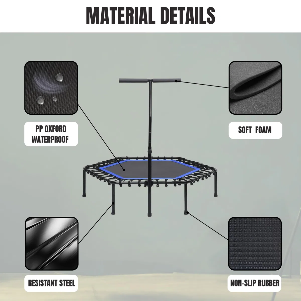 Trampoline Fitness Elastique pour Sauter de Ø90cm Pliable et Silencieux. Installation Facile, Octogonale pour Adultes,Enfants. Intérieur,Extérieur avec Accoudoirs Réglables en Mousse.