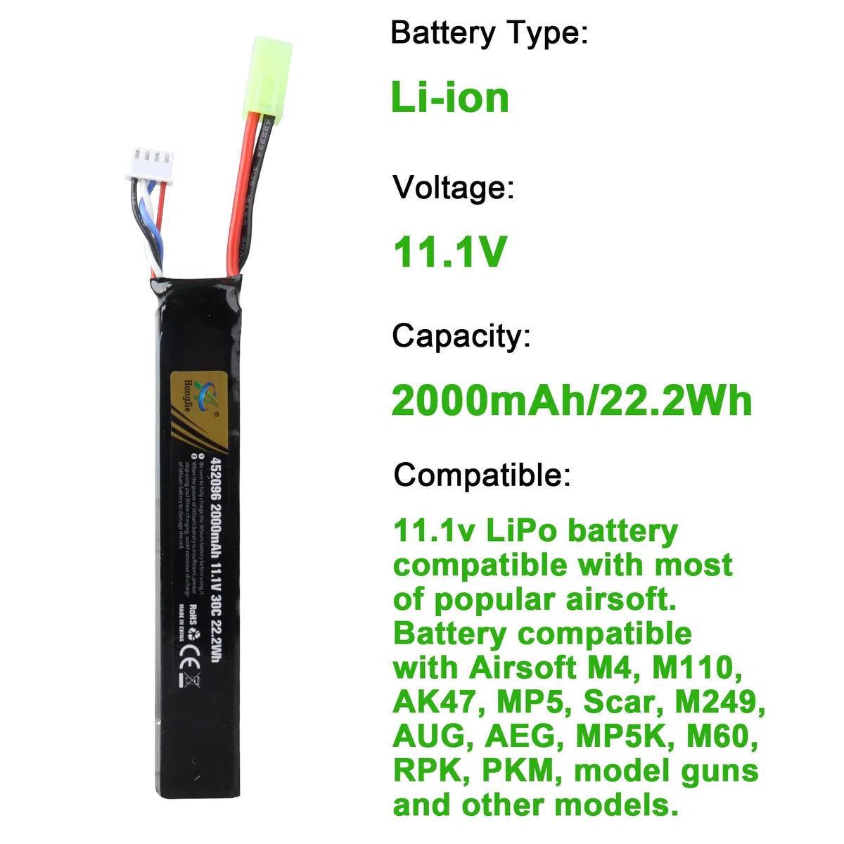Batterie LiPo Rechargeable 11,1 V 2000 mAh, Compatible avec Le Connecteur Tamiya 3S 30 C pour Airsoft M4, M110, AK47, MP5, Scar, M249, AUG, AEG, MP5K, M60, RPK, PKM et Modèles Réduits