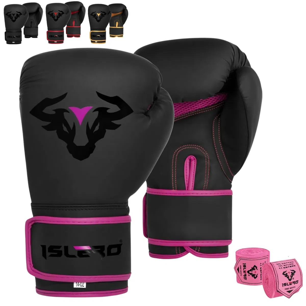 Islero EVO Fitness Gants de boxe noirs mats pour homme et femme Sac de frappe Rose MMA Muay Thai Arts martiaux Kick Boxing Sparring Gants d'entraînement de combat avec bandages