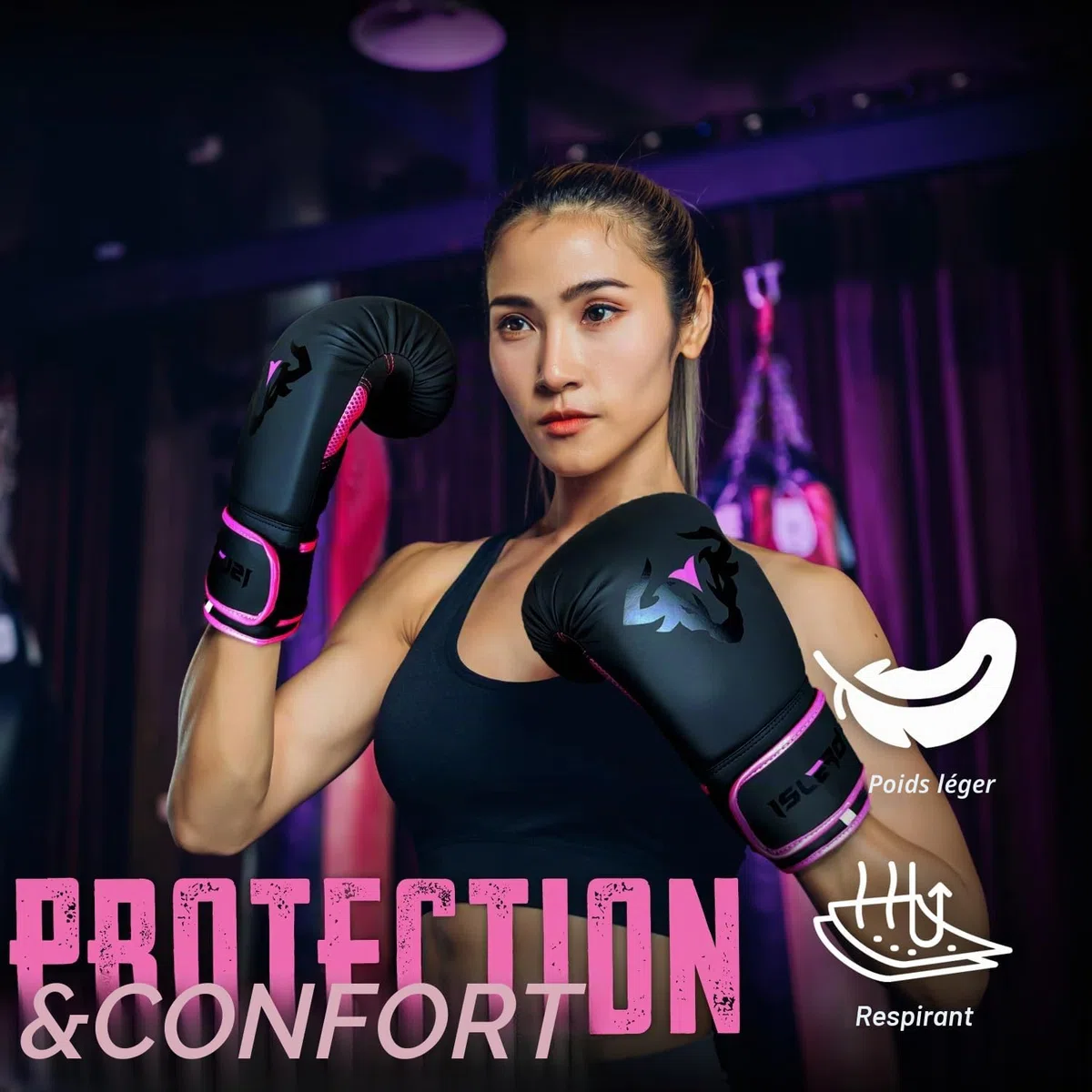 Islero EVO Fitness Gants de boxe noirs mats pour homme et femme Sac de frappe Rose MMA Muay Thai Arts martiaux Kick Boxing Sparring Gants d'entraînement de combat avec bandages