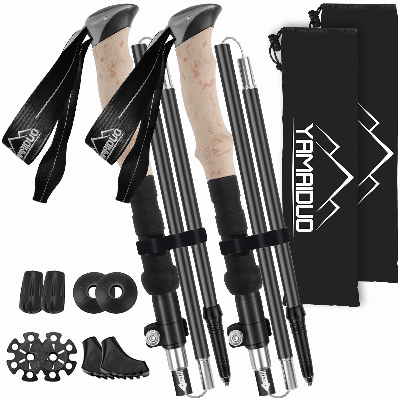 Bâtons de Randonnée en Aluminium 2 PCS, Baton de Marche Nordique Pliable Télescopique Antichoc Antidérapant 105-125 CM, Baton de Randonnée avec 4 Paires de Tampons Caoutchouc pour Trekking