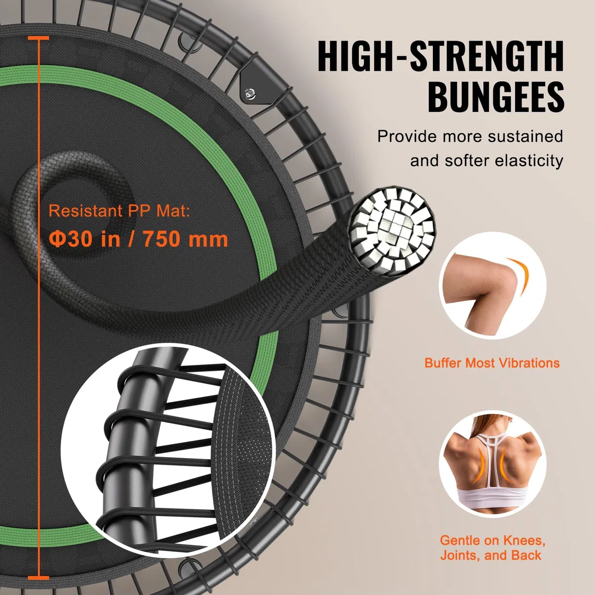 VEVOR Mini Trampoline Pliable, 1027 mm, Fitness rebounder, Charge Max. 150 kg, Stable et Silencieux avec poignée en Mousse réglable en Hauteur à 4 Niveaux, pour entraînement intérieur/Jardin Adultes