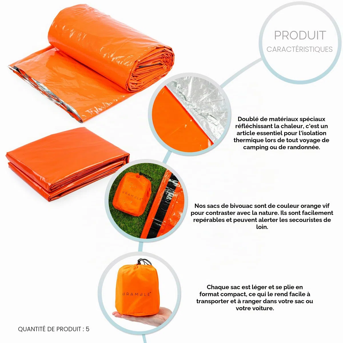 BRAMBLE 5 Sac de Couchage de Survie Premium, Bivvy, Couverture Thermique de Survie Urgence, Tente de Survie (213x91cm) - Solide & Fiable - Camping, Randonnée, Extérieur