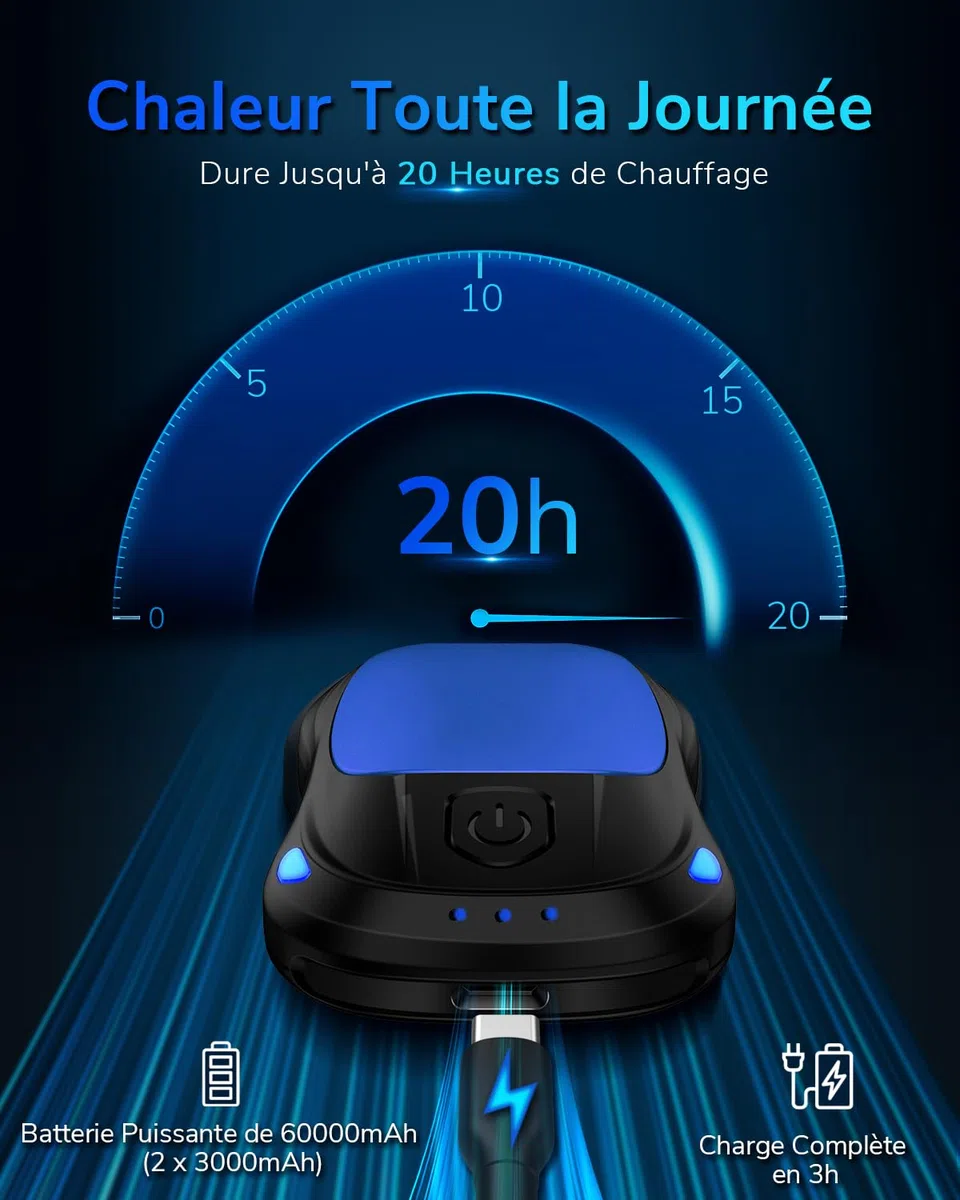 Chauffe Main Rechargeable, Lot de 2 Chaufferette Main Reutilisable avec 20 Heures de Chauffage Longue Durée, USB Chauffe-Main Electrique avec 3 Niveaux de Chauffe pour Poches et Gants en Hiver Froid