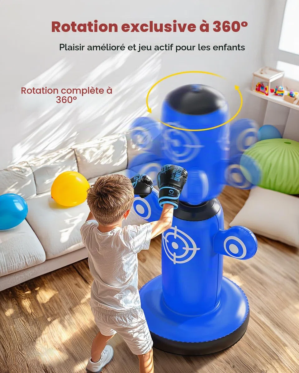 QPAU Sac de frappe rotatif à 360° pour enfants, grand sac de boxe de 162,6 cm avec gants, pompe à main et 6 cibles, sac de frappe gonflable, cadeau de karaté pour garçons et filles (bleu)
