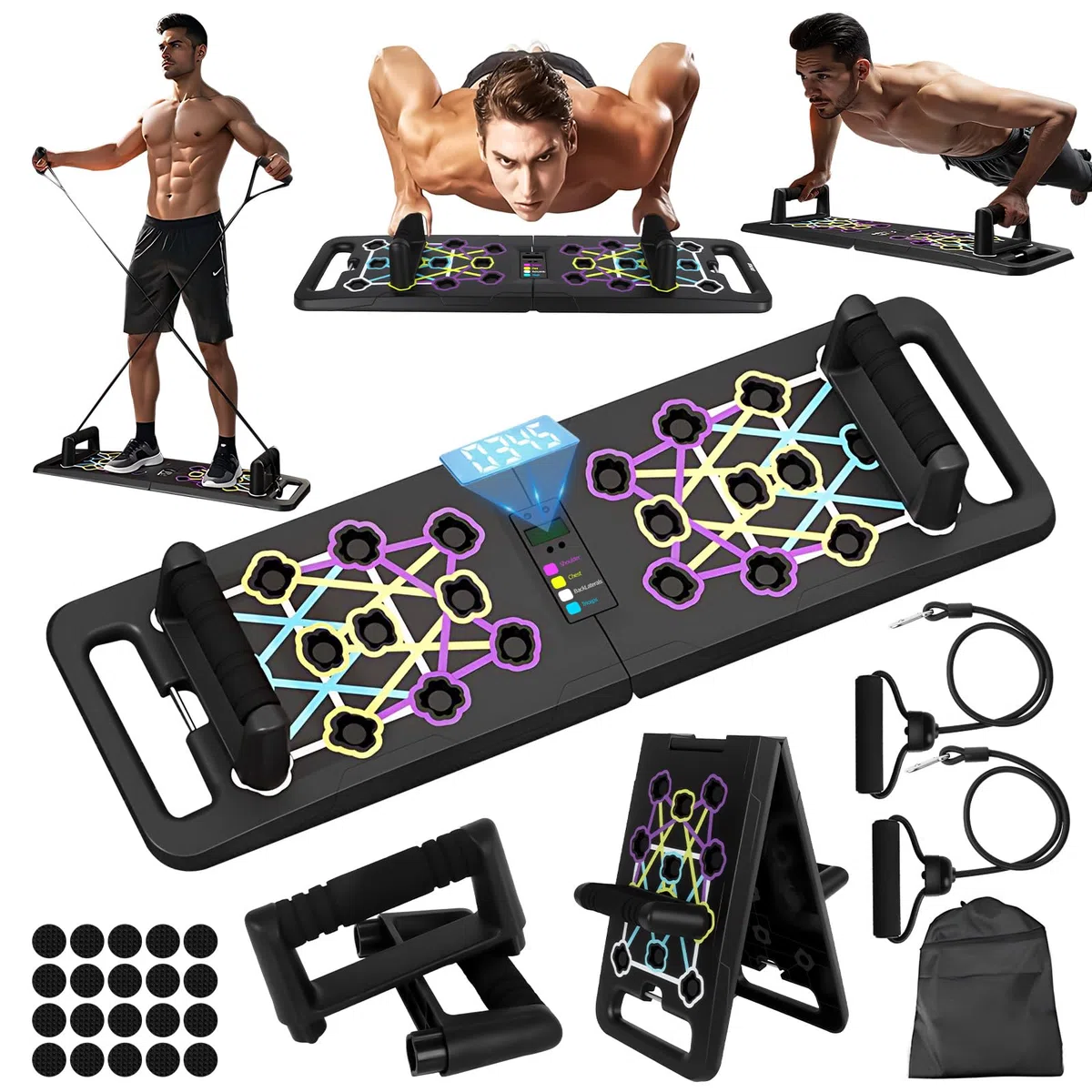 Kit planche de pompes avec compteur automatique, 24 in 1 planche push-up multifonction, pliable planche de pompe multifonction pour pompes, maison, gymnastique, équipement