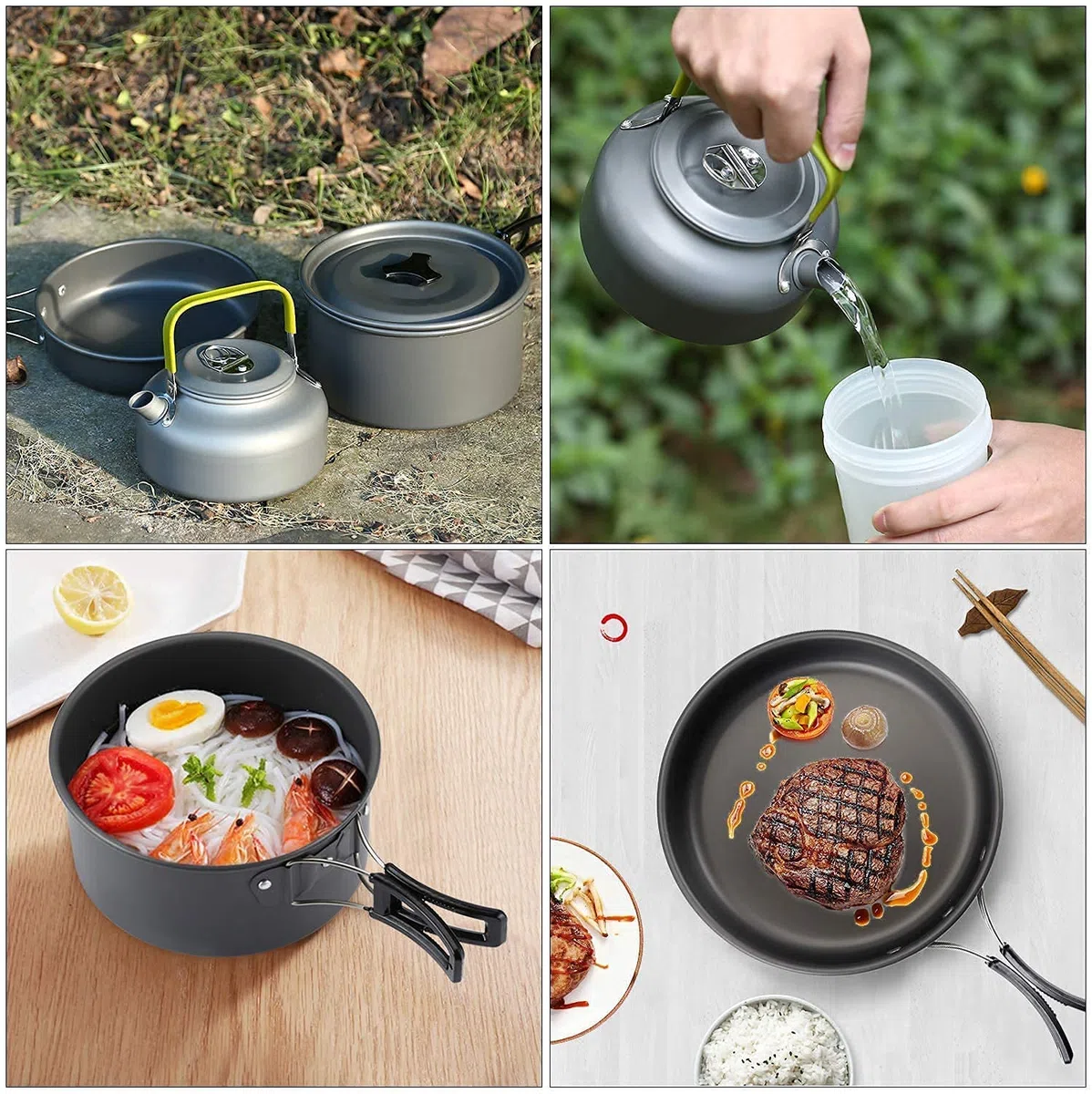 Queta Batterie de Cuisine 10 pièces pour Pique-Nique, Camping, Randonnée, Barbecue, Casseroles de Camping Pliables, Certifiées FDA
