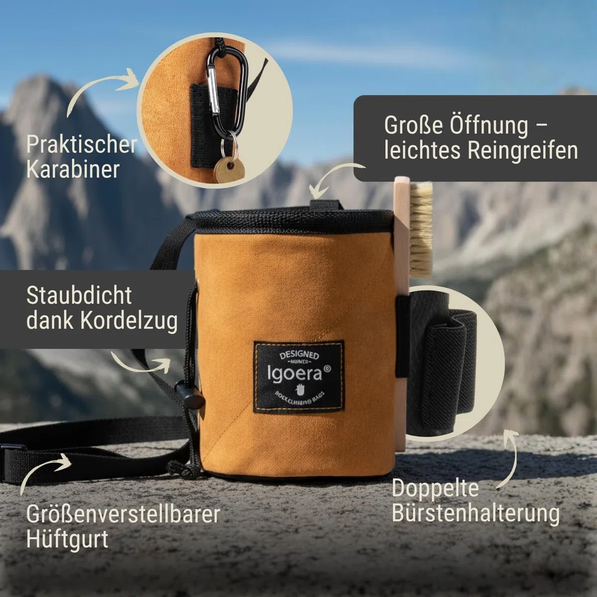 Kit d'escalade avec sac de magnésie, brosse à craie et boule de craie – Ensemble d'accessoires pour l'escalade et le bloc – Sac de magnésie doublé de molleton, brosse à poils de sanglier et
