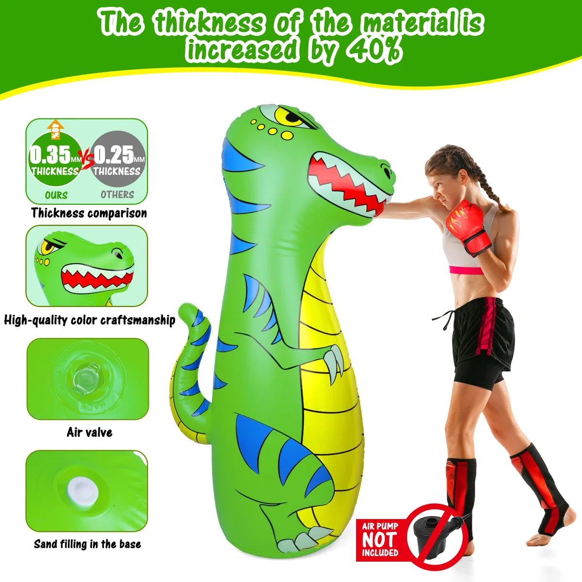 Sac de Frappe Enfant 120cm Gonflable Dinosaure Sac de Boxe avec Matériau Plus Épais et Sûr Rebond Instantané avec Gants de Boxe Karaté Taekwondo Cadeau pour Enfants 3-9 Ans Filles Garçons