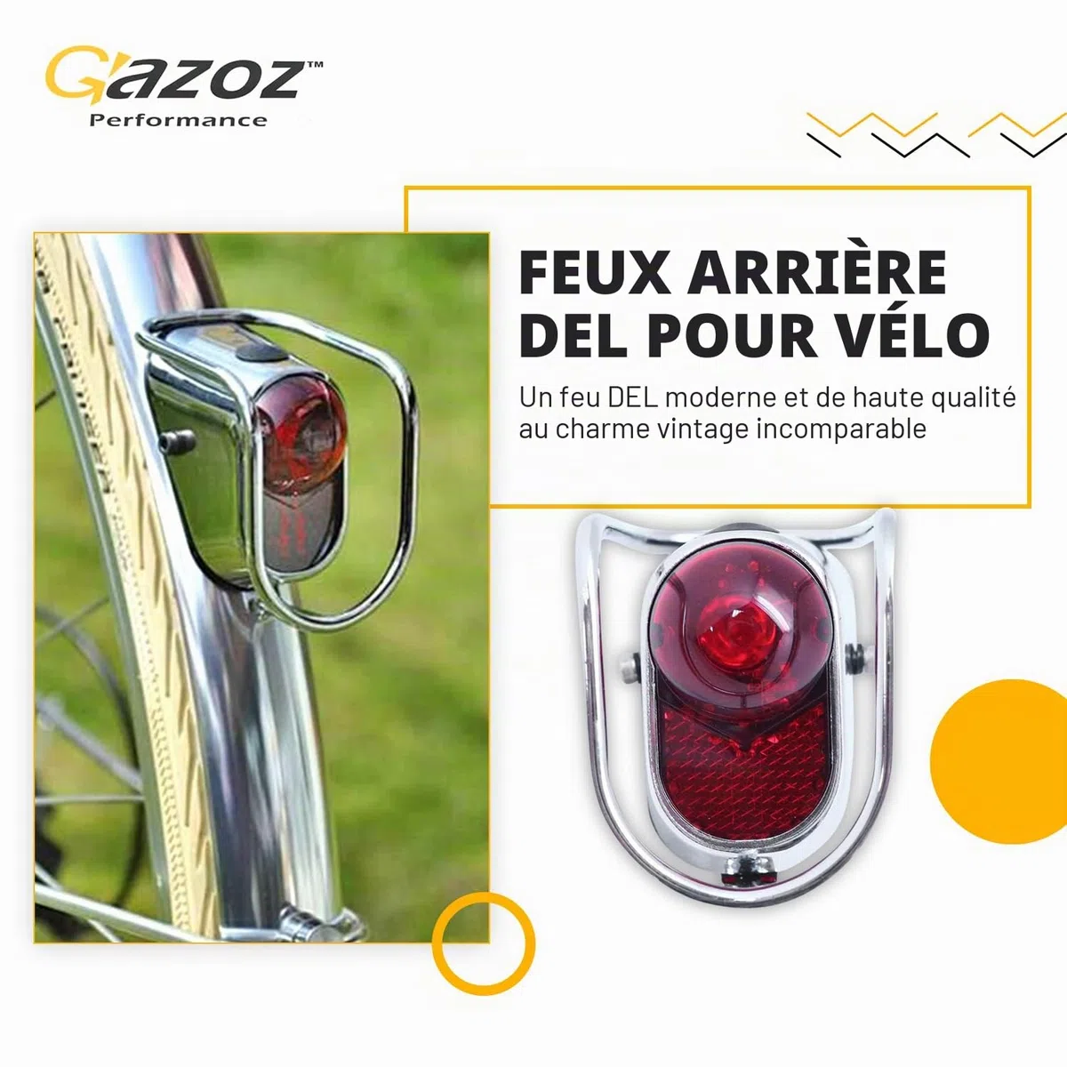 Feu arrière LED pour vélo, Lampe Vintage avec Aspect chromé - Accessoires de vélo de Tourisme Classique (LM-002)