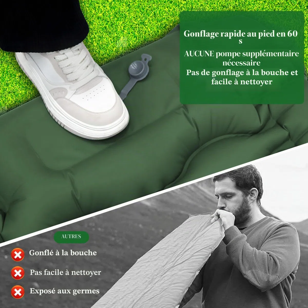 Frasheng Matelas de camping auto-gonflant - Ultra léger et imperméable - Matelas de camping avec pompe à pied et coussin pour l'extérieur - Vert