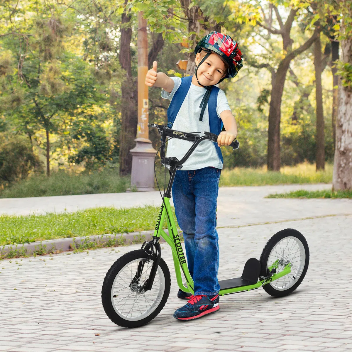 HOMCOM Trottinette patinette pour Enfants à partir de 5 Ans Grands pneus en Caoutchouc Guidon réglable poignée Frein et béquille Acier Charge Max. 100 Kg