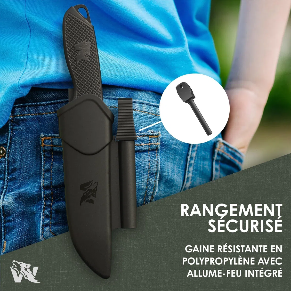 Wolfgangs W-Kids – Couteau de bushcraft Enfant en Acier D2 – Set Outdoor avec étui + Allume-feu – Couteau de Survie pour Enfants – Parfait pour la première Aventure en Plein air