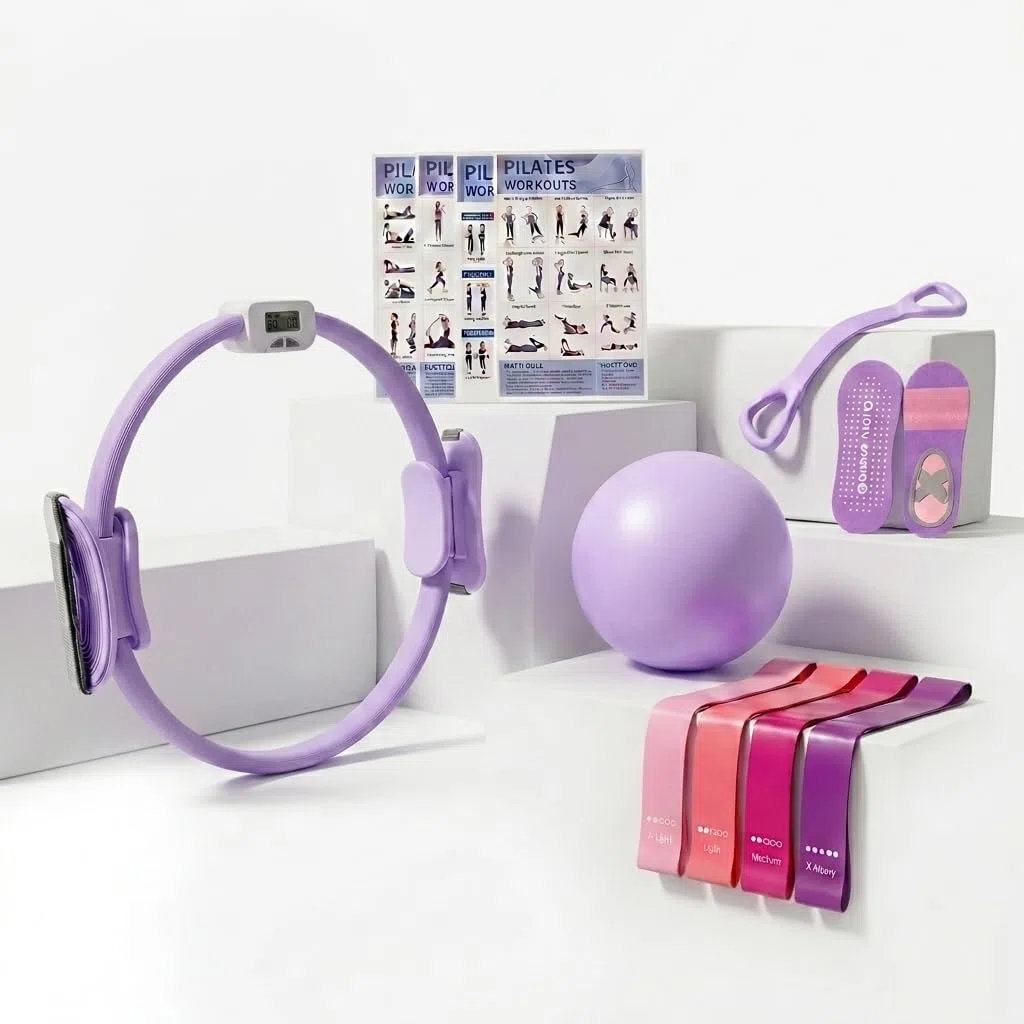 MaxU Pilates Kit pour Femmes Anneau avec Compteur, Cercle 35cm,Ballon,Bandes & Chaussettes.Équipement Complet idéal pour débutants à Domicile.Renforcez Votre Corps avec ce Set Polyvalent.