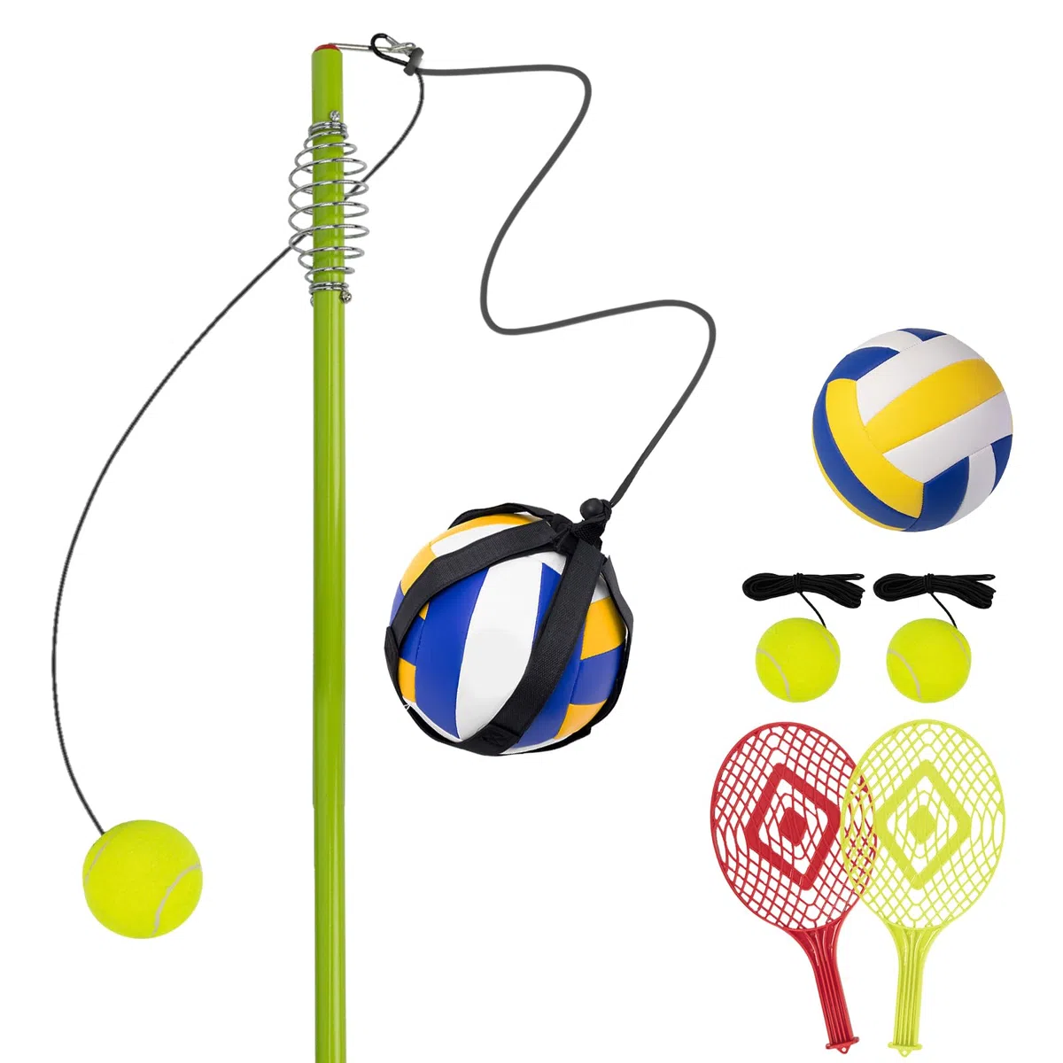 WodGod Ensemble de balle de tennis et de tetherball, équipement de Tetherball avec poteau pour jardin et extérieur, avec poteau réglable en hauteur de 2 m, 2 balles de tennis avec corde, 2 raquettes