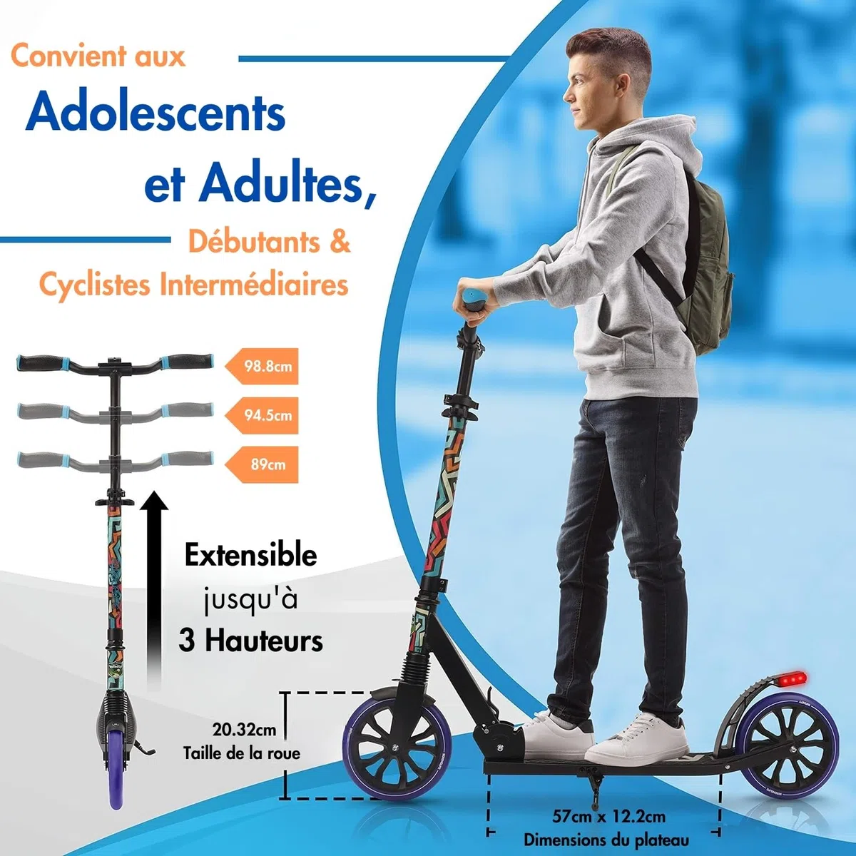 Serenelife Trottinette Freestyle, Trottinette Adulte et ado - Hauteur Réglable, Scooter Tout Terrain avec Grande Roues et Suspension, Manœuvre Facile et Pliable