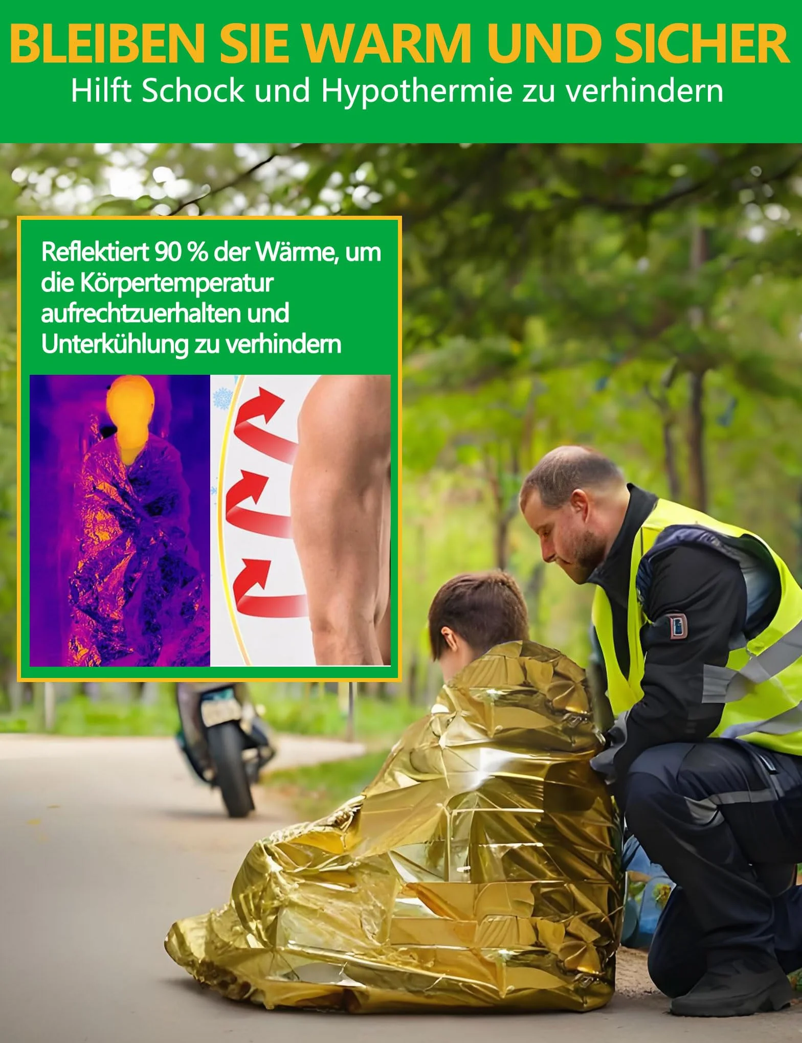 Couverture de Survie Reutilisable 4 Pièces, pour Randonnée Survie Premiers Secours Marathons Voiture, Robuste Indéchirable Imperméable - Or Argent
