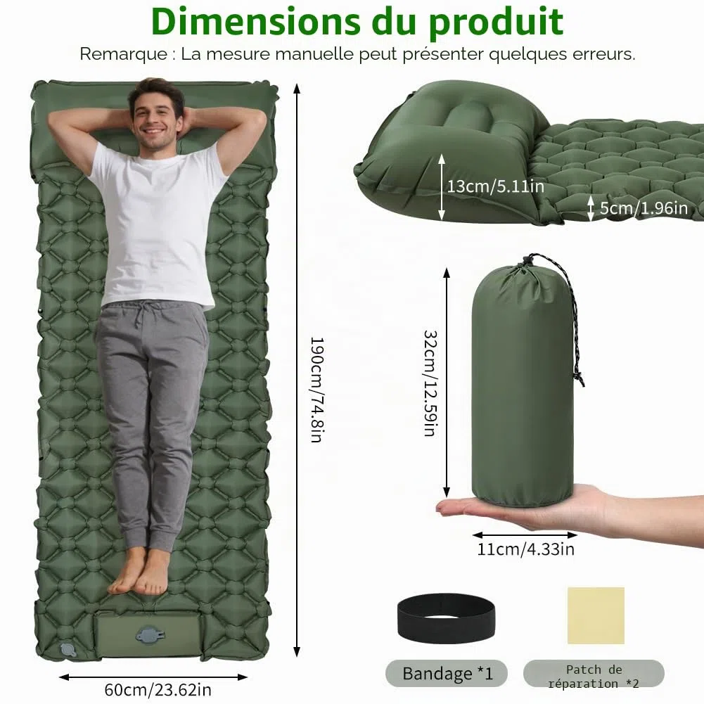 AUYAO Matelas Camping Gonflable, 190x60x5cm Matelas Autogonflant Portable avec Oreiller et Pompe à Pied Intégrée, Tapis de Couchage Matelas Ultra Léger Imperméable pour Tente Trekking Voyage