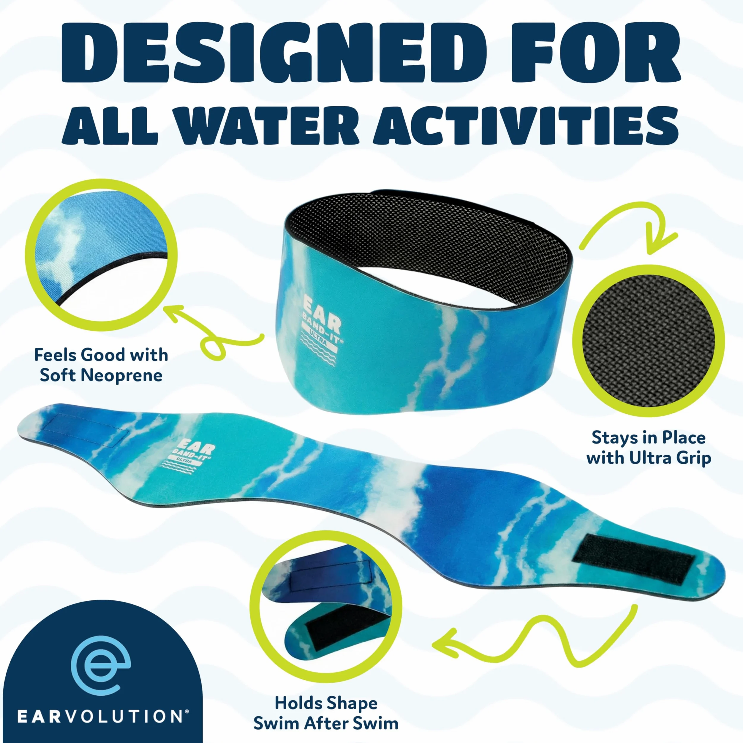 Ear Band-It Ultra Bandeau de natation (empêche l'eau d'entrer, tenir les bouchons d'oreille) Recommandé par les médecins Taille L (8 ans adultes) Tie Die Bleu