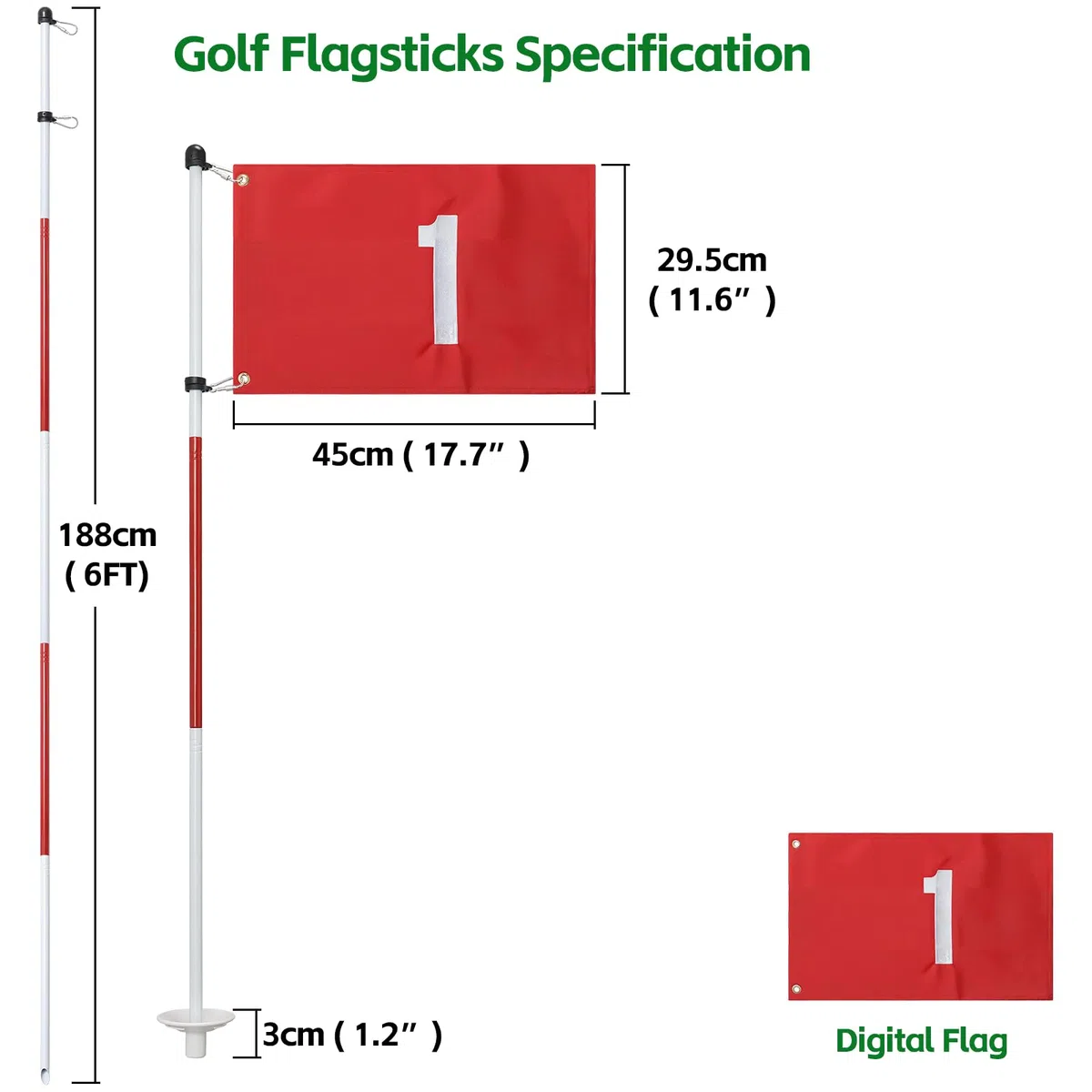 Mât de Drapeau de Golf de 188 cm pour la Maison, Drapeaux en Nylon pour Jardin avec 5 pièces Amovibles, gobelet perforé de Golf 1 et Drapeau pour Exercices de Putting