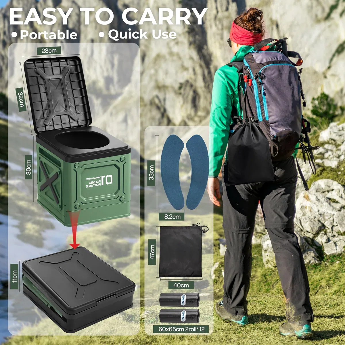 Toilette Portable,Toilette Camping,WC Portable avec Sac Poubelle,Toilette Pliable,Toilettes Portables pour Hommes et Femmes,Toilette Seche Portable,pour Camping,Voyages,Plage (Vert)