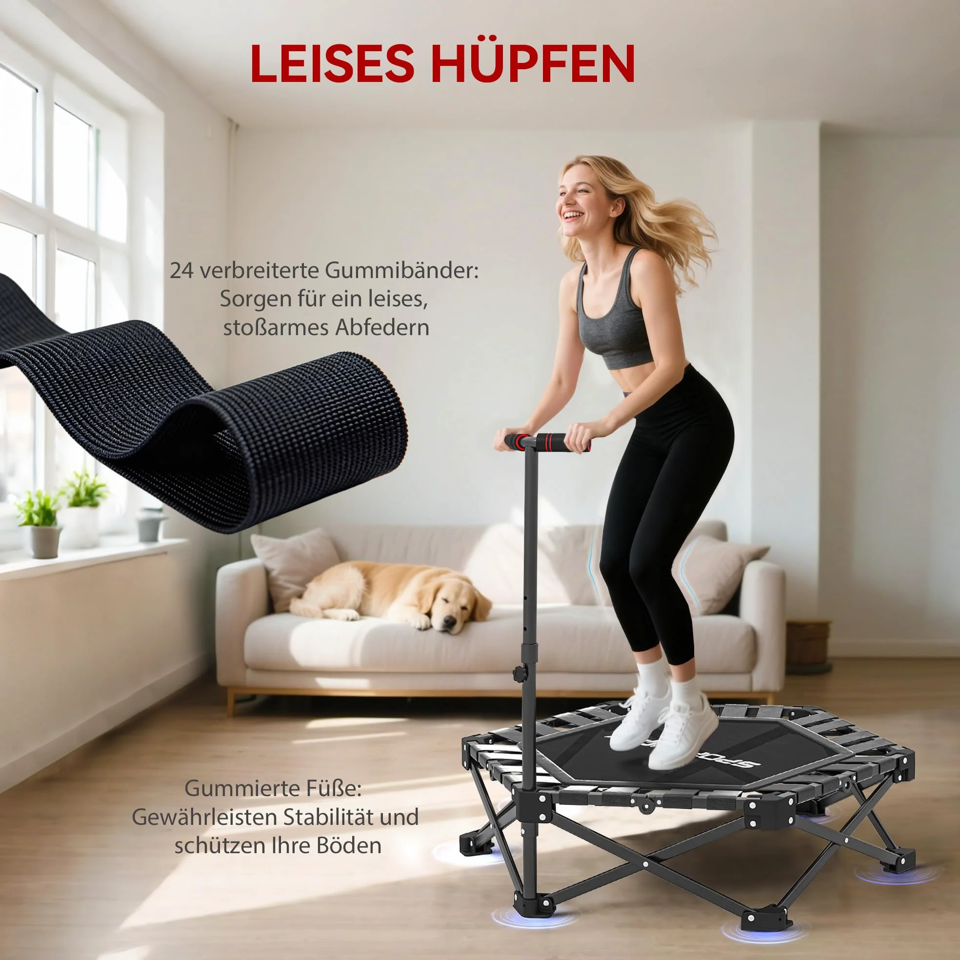 SPORTNOW Trampoline de fitness pliable - Ø104 cm - Mini trampoline avec mécanisme de pliage rapide - Poignée réglable en hauteur 3 positions - Sac de transport - Trampoline silencieux pour intérieur