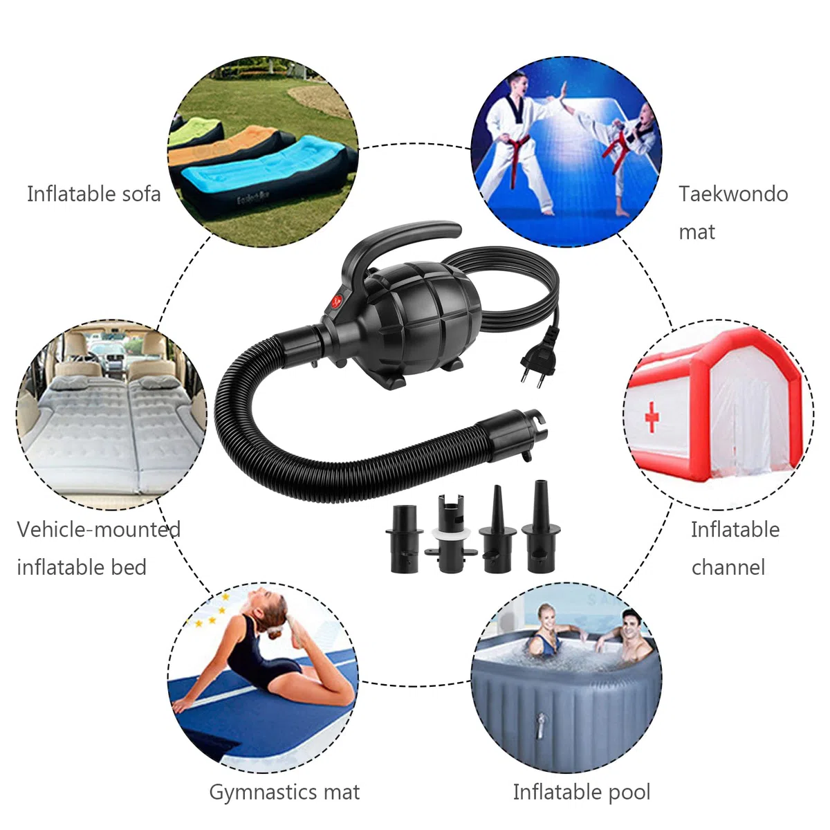 Pompe à air électrique 600 W - Pompe à air électrique avec 4 buses - Pompe électrique pour le gonflage - Pompe pour matelas - Piscine gonflable