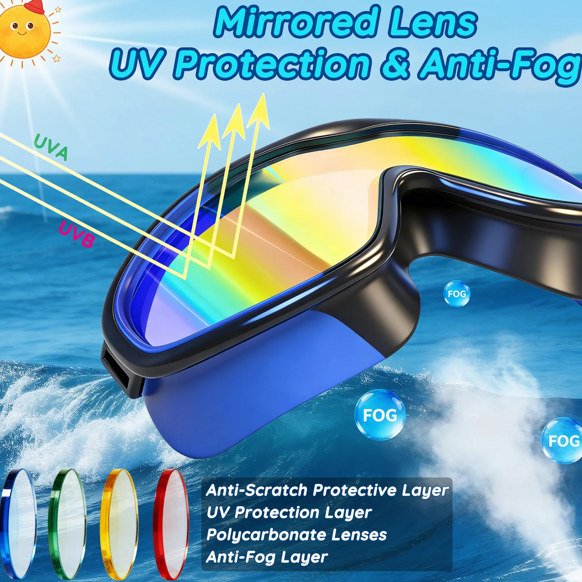 MOMUSE Lunettes Piscine pour Enfants 2PCS,Sangle en Tissu Confortable, Lunettes de Natation Enfants 3 4 5 6, Protection UV Lentilles Antibuée, Etanches, pour Garçons et Filles 3-14 Ans, Piscine Plage