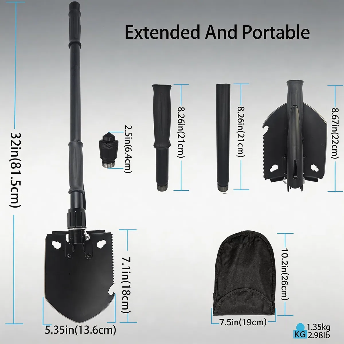Pelle Pliante 81.5cm,Pelle Multifonction Extra Stable Haute RÉSistance en Acier Au Carbone Marteau Brise vitre,Combinaison Pelle De Camping Pliante pour La RandonnÉE en Plein Air,Conduite de Voiture