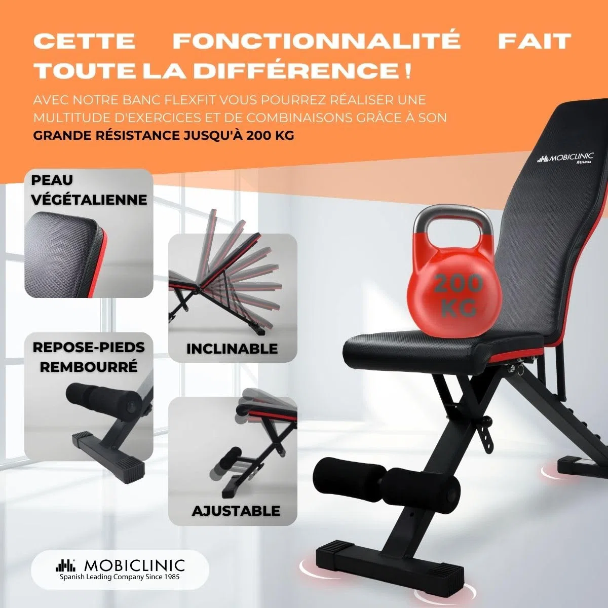 Mobiclinic® Fitness, Banc de musculation, Pliable, Supporte 200kg, Inclinable, Réglable, FlexFit, Multifonction, Banc de musculation, Entraînement complet du corps, FlexFit, Solide et stable, Home Gym